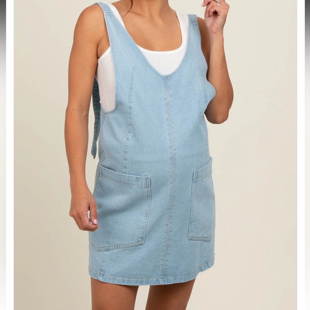 PinkBlush Blue Denim Side Pocket Overall Maternity Postpartum Dress Medium